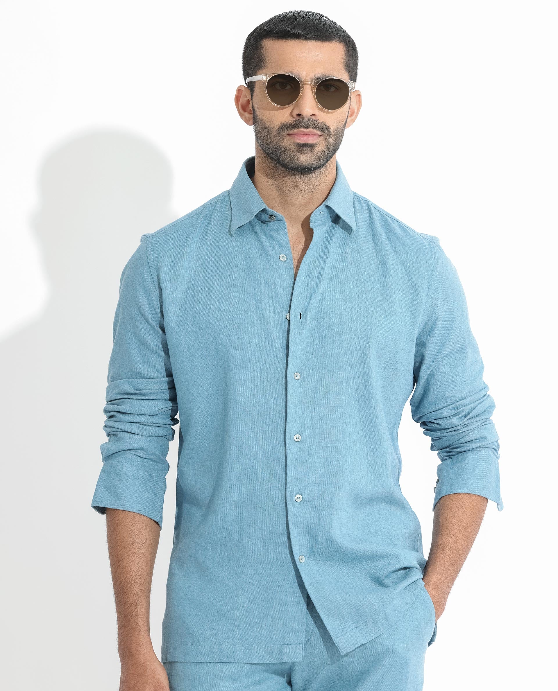 Rare Rabbit Men's Lunet Light Blue Linen Full Sleeves Solid Shirt