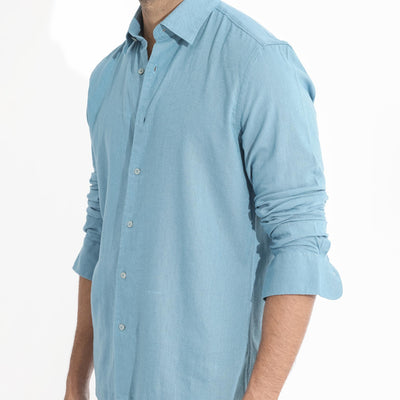 Rare Rabbit Men's Lunet Light Blue Linen Full Sleeves Solid Shirt