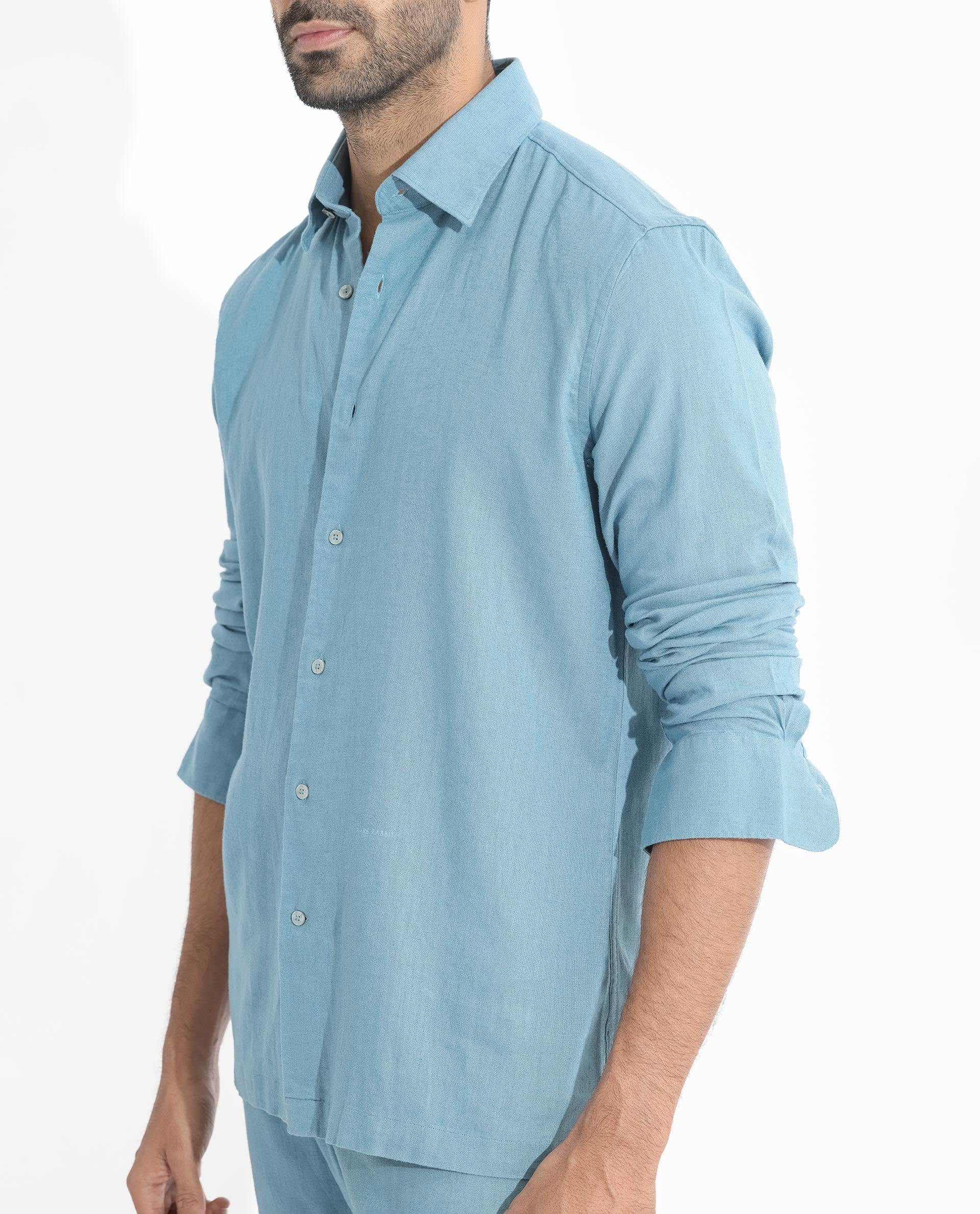 Rare Rabbit Men's Lunet Light Blue Linen Full Sleeves Solid Shirt