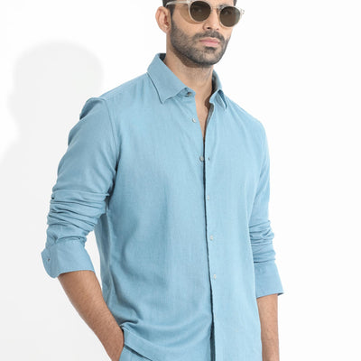 Rare Rabbit Men's Lunet Light Blue Linen Full Sleeves Solid Shirt