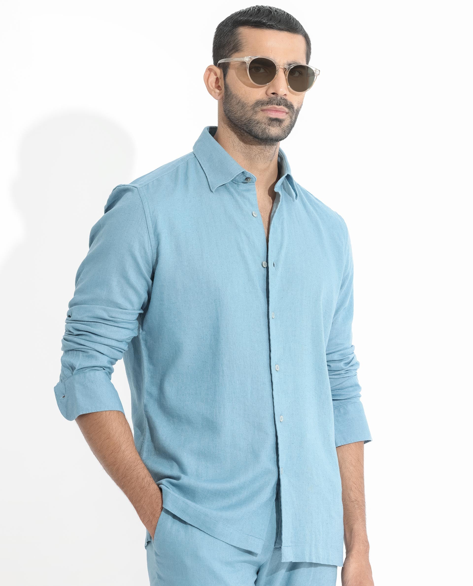 Rare Rabbit Men's Lunet Light Blue Linen Full Sleeves Solid Shirt