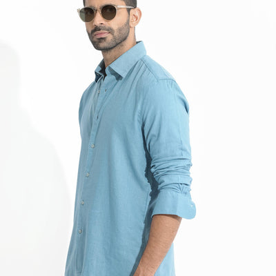Rare Rabbit Men's Lunet Light Blue Linen Full Sleeves Solid Shirt