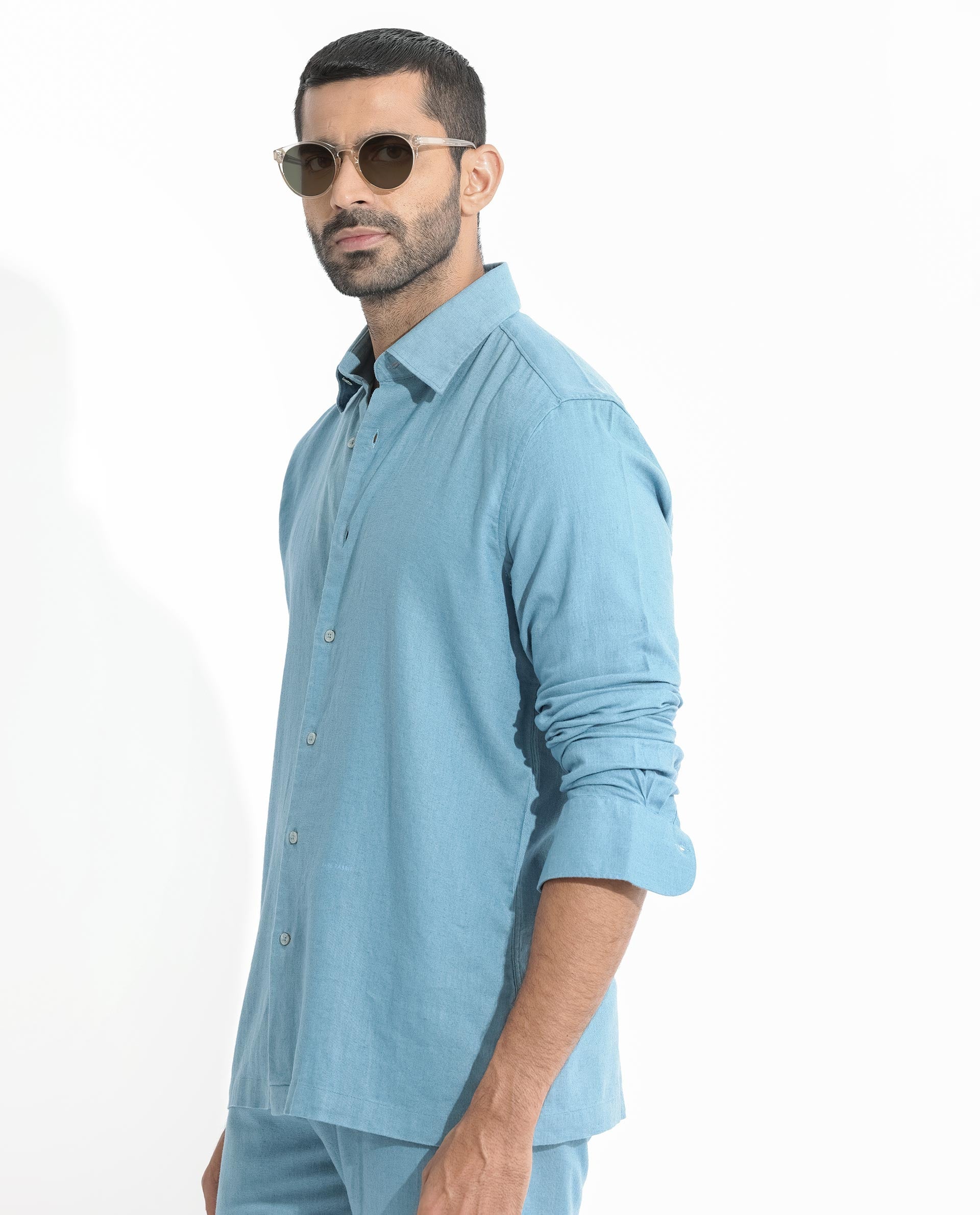 Rare Rabbit Men's Lunet Light Blue Linen Full Sleeves Solid Shirt