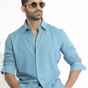 Rare Rabbit Men's Lunet Light Blue Linen Full Sleeves Solid Shirt