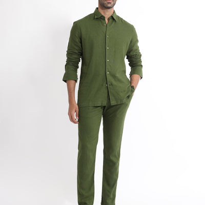 Rare Rabbit Men's Lunet Olive Linen Full Sleeves Solid Shirt