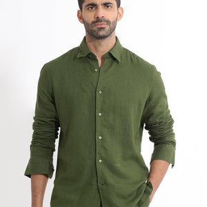 Rare Rabbit Men's Lunet Olive Linen Full Sleeves Solid Shirt