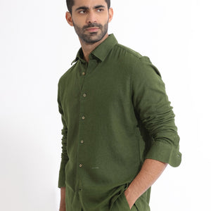 Rare Rabbit Men's Lunet Olive Linen Full Sleeves Solid Shirt