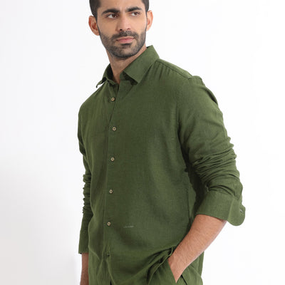 Rare Rabbit Men's Lunet Olive Linen Full Sleeves Solid Shirt