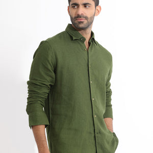 Rare Rabbit Men's Lunet Olive Linen Full Sleeves Solid Shirt