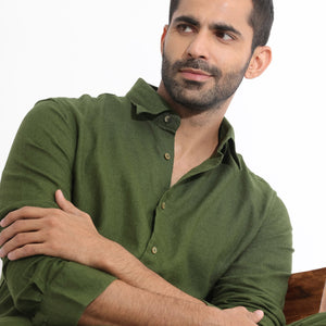 Rare Rabbit Men's Lunet Olive Linen Full Sleeves Solid Shirt