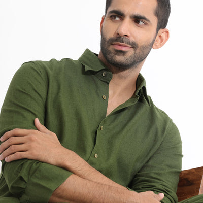 Rare Rabbit Men's Lunet Olive Linen Full Sleeves Solid Shirt