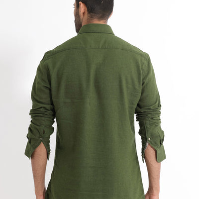 Rare Rabbit Men's Lunet Olive Linen Full Sleeves Solid Shirt