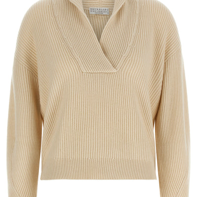 Brunello Cucinelli Shawl Neck Ribbed Sweater