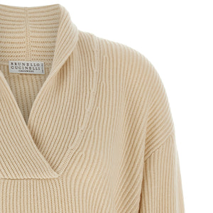 Brunello Cucinelli Shawl Neck Ribbed Sweater