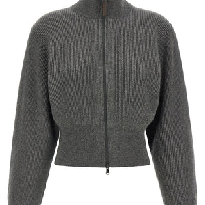 Brunello Cucinelli Ribbed Cardigan With Leather Detail