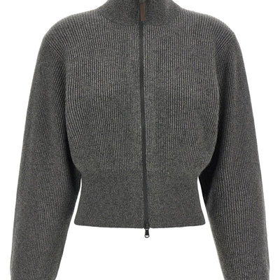 Brunello Cucinelli Ribbed Cardigan With Leather Detail