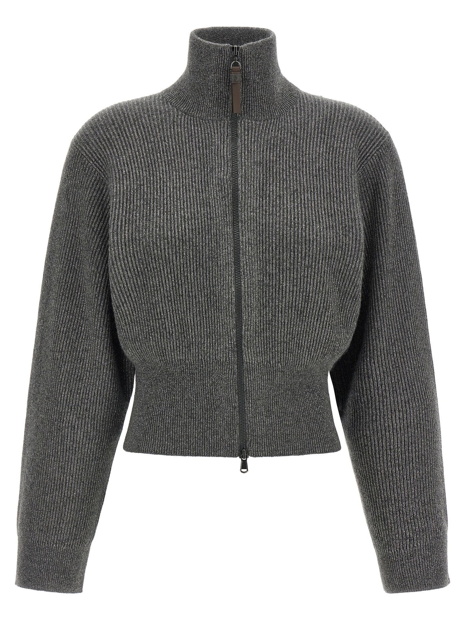 Brunello Cucinelli Ribbed Cardigan With Leather Detail