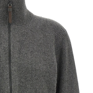 Brunello Cucinelli Ribbed Cardigan With Leather Detail