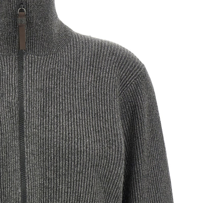 Brunello Cucinelli Ribbed Cardigan With Leather Detail