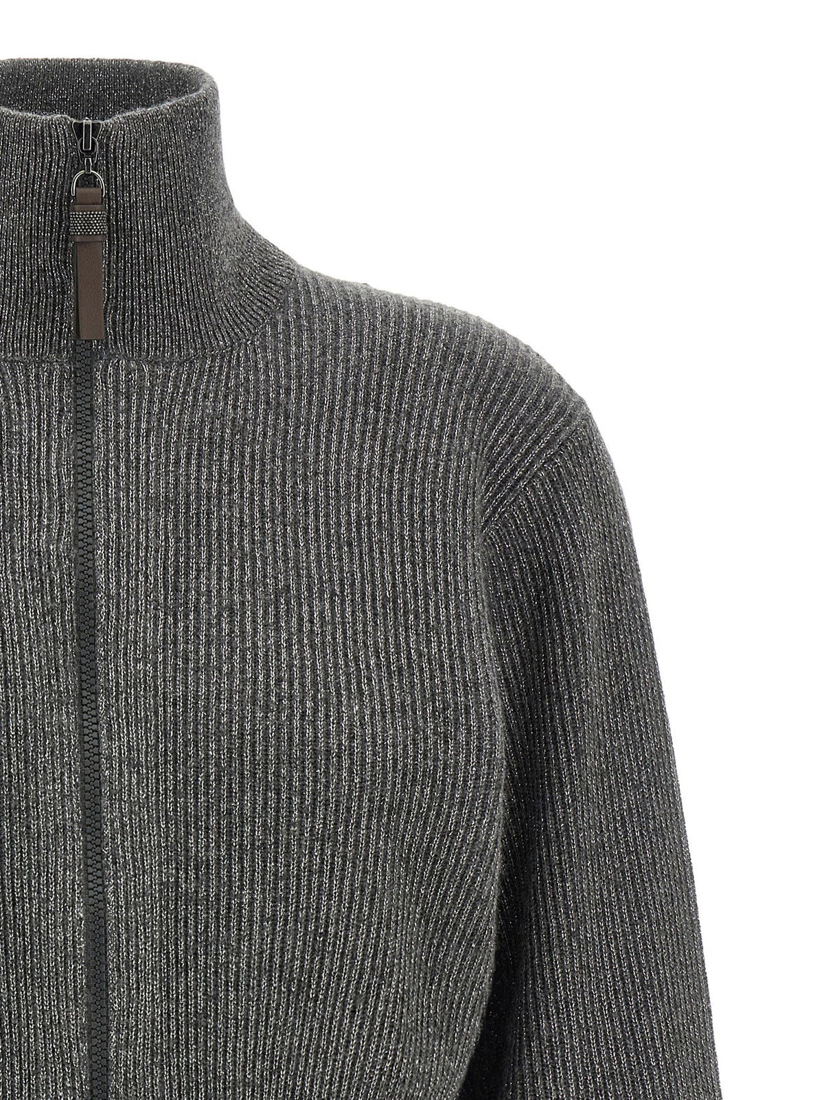 Brunello Cucinelli Ribbed Cardigan With Leather Detail