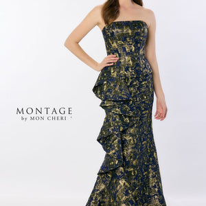 Montage M2225 Ruffle Detail Long Formal Mermaid Gown Metallic Evening Dress