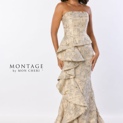 Montage M2225 Ruffle Detail Long Formal Mermaid Gown Metallic Evening Dress