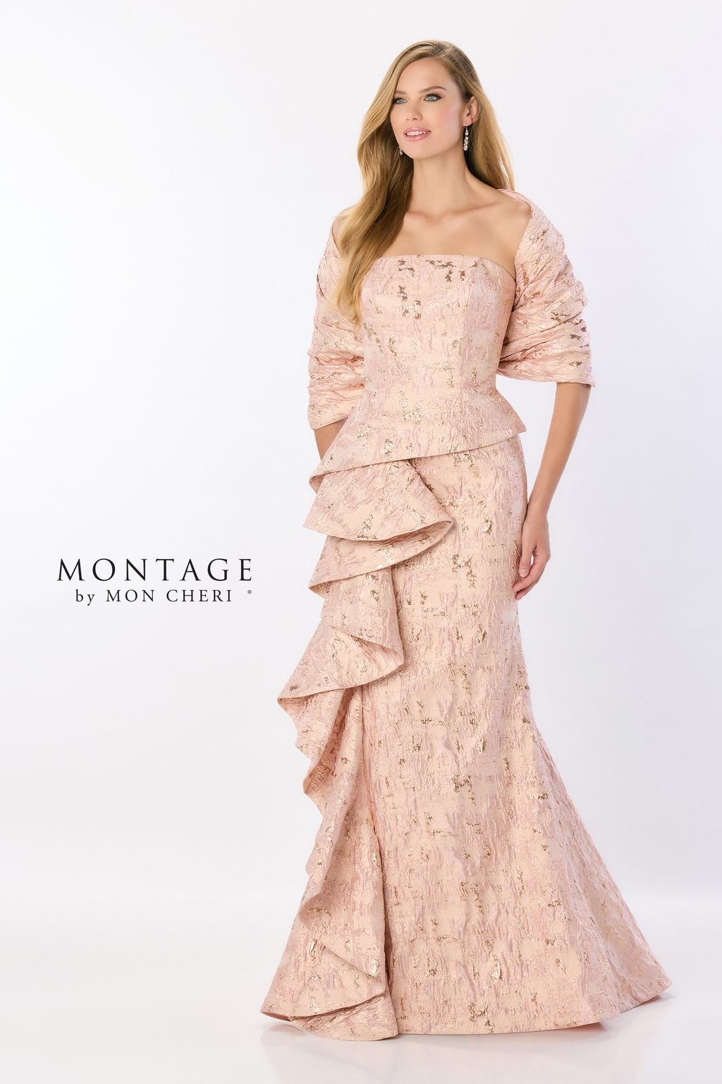 Montage M2225 Ruffle Detail Long Formal Mermaid Gown Metallic Evening Dress