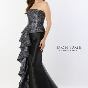 Montage M2228 Long Mermaid Gown Peplum Ruffle Formal Evening Dress