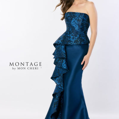 Montage M2228 Long Mermaid Gown Peplum Ruffle Formal Evening Dress