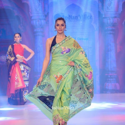 Parrot Green Dual Tone Ardha Chandra Krishna Rasa Leela Hand-Painted Pattachitra Saree (Pre Order)