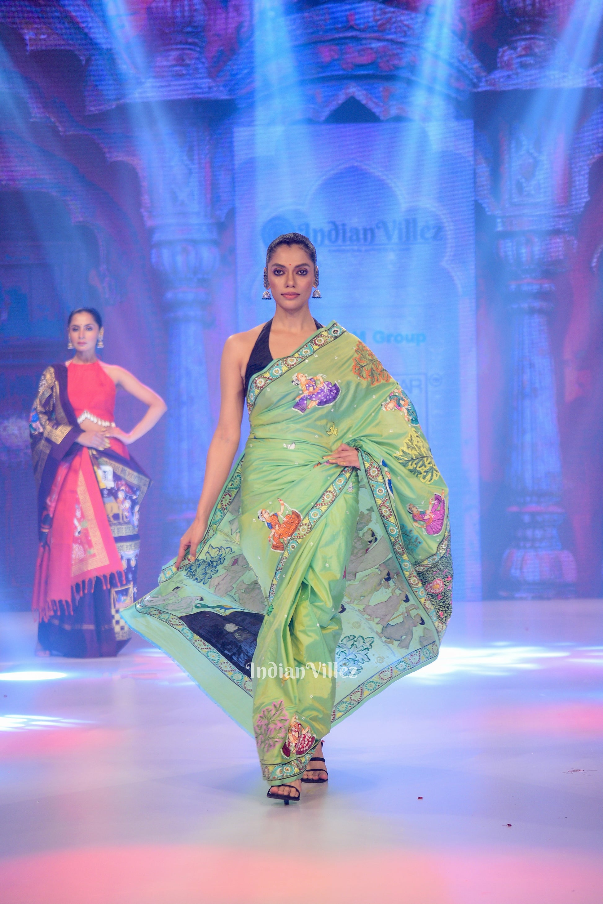 Parrot Green Dual Tone Ardha Chandra Krishna Rasa Leela Hand-Painted Pattachitra Saree (Pre Order)