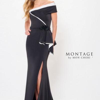 Montage M902 Formal Long 3D Floral Applique Evening Peplum Dress