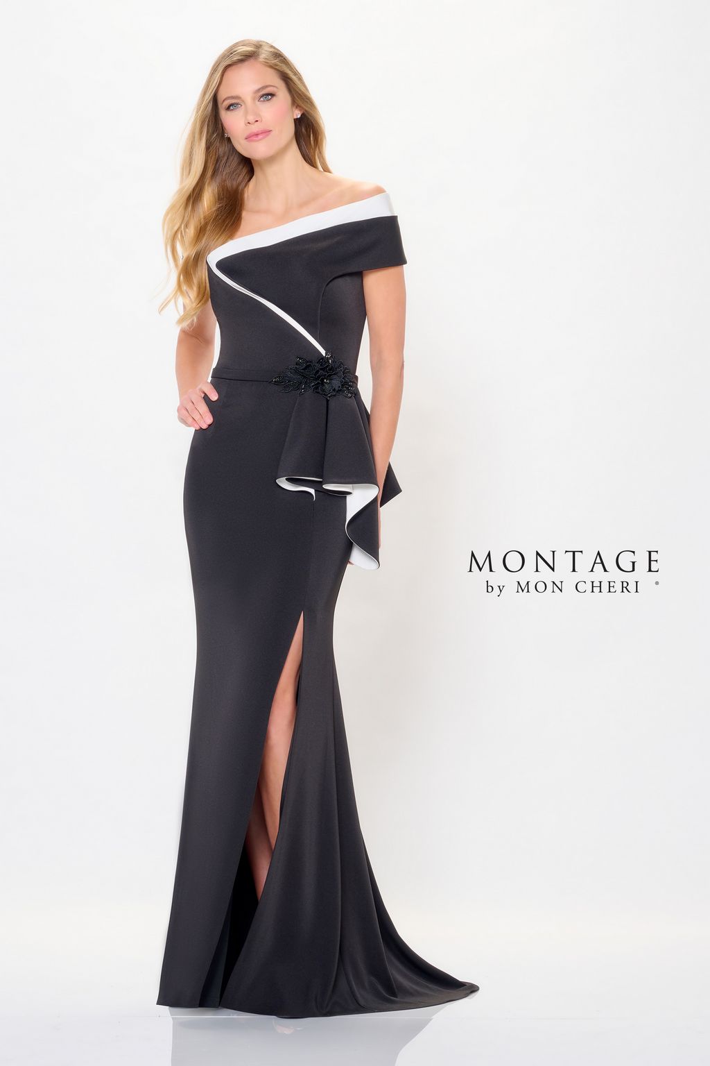 Montage M902 Formal Long 3D Floral Applique Evening Peplum Dress