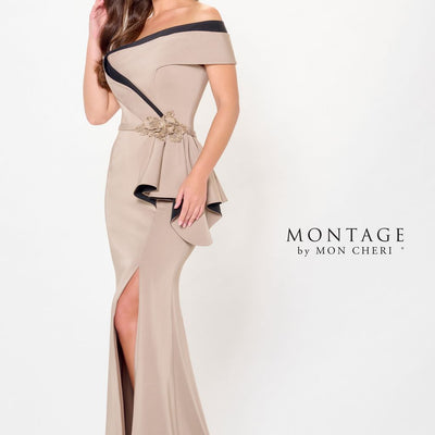 Montage M902 Formal Long 3D Floral Applique Evening Peplum Dress