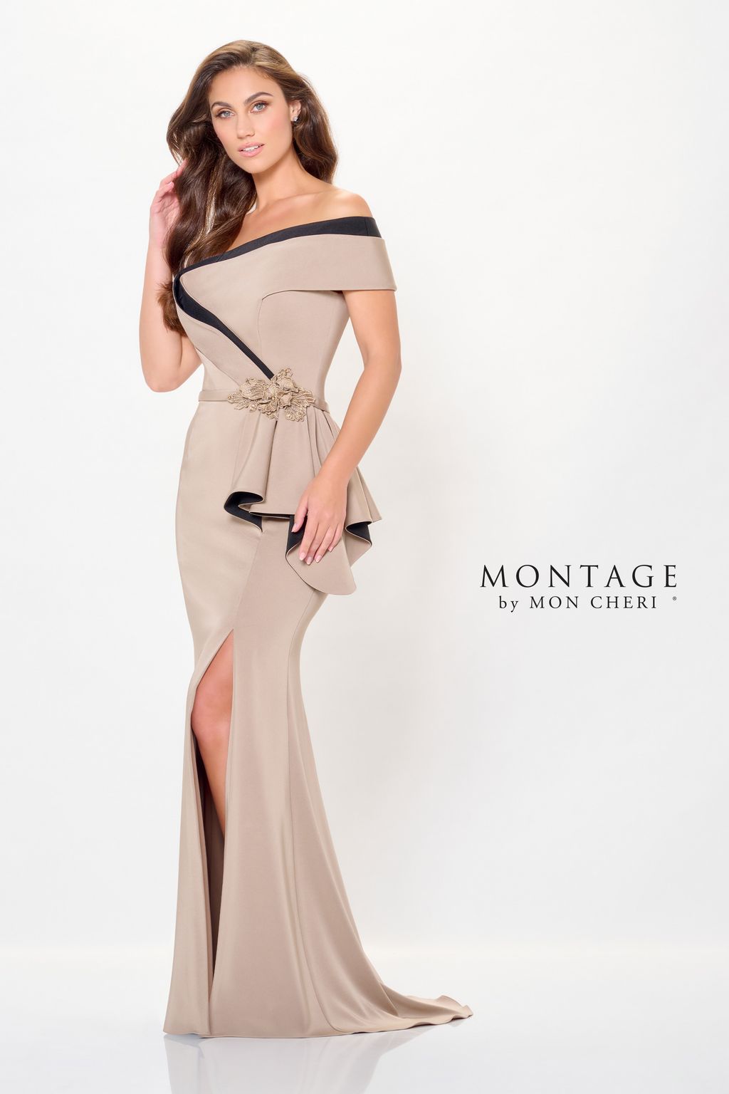 Montage M902 Formal Long 3D Floral Applique Evening Peplum Dress
