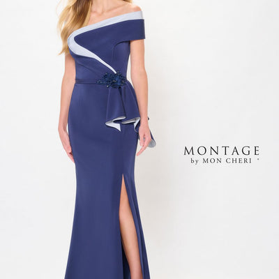 Montage M902 Formal Long 3D Floral Applique Evening Peplum Dress