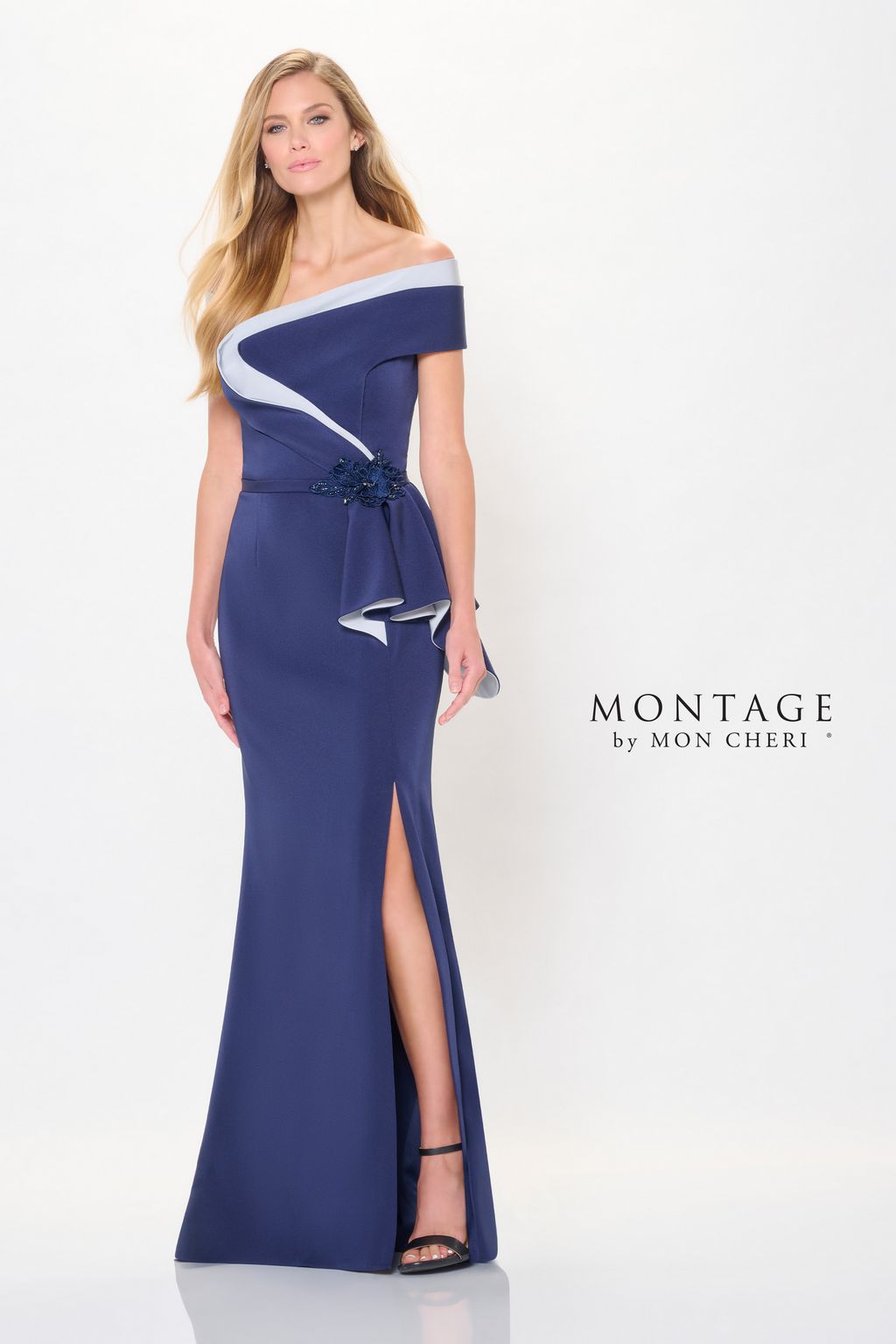 Montage M902 Formal Long 3D Floral Applique Evening Peplum Dress