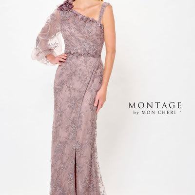 Montage M913 Long Formal Beaded 3D Floral Applique Evening Dress