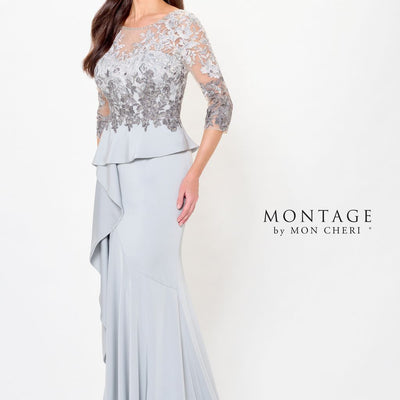 Montage M914 Long Beaded Formal Peplum Evening Dress
