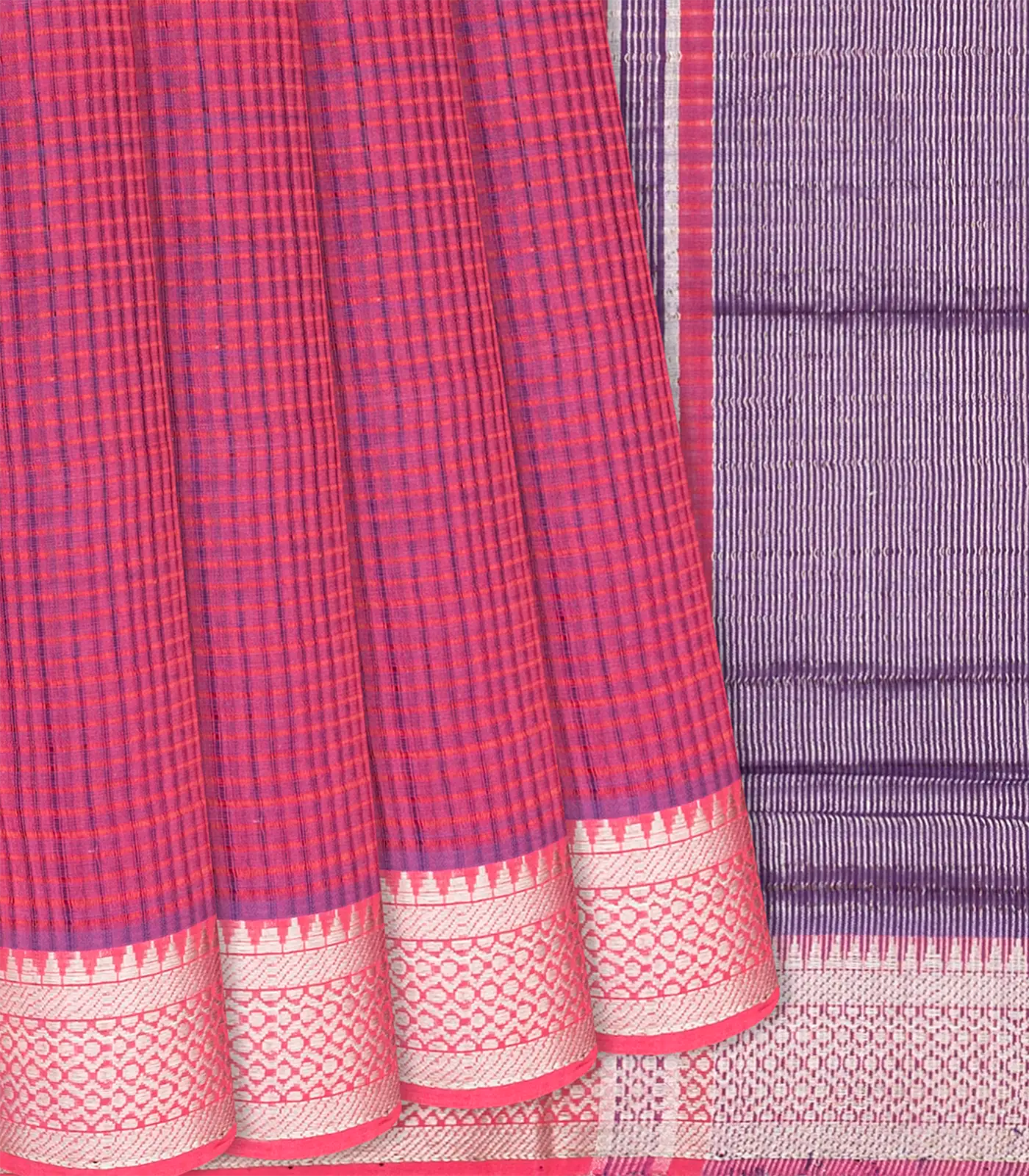 Hot Pink Mangalagiri Cotton Saree With Checks-Hot Pink