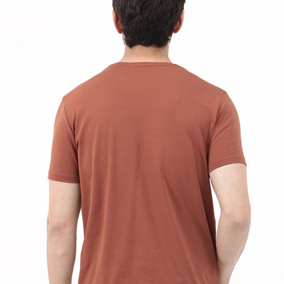 Rare Rabbit Articale Mens Magnus Dusky Rust Cotton Polyester Fabric Short Sleeve Crew Neck Slim Fit Printed T-Shirt