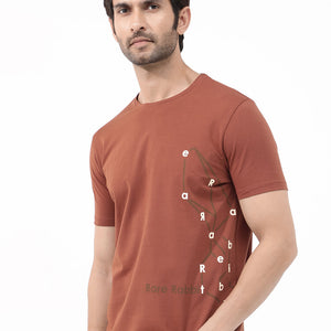Rare Rabbit Articale Mens Magnus Dusky Rust Cotton Polyester Fabric Short Sleeve Crew Neck Slim Fit Printed T-Shirt
