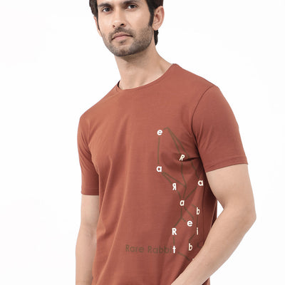 Rare Rabbit Articale Mens Magnus Dusky Rust Cotton Polyester Fabric Short Sleeve Crew Neck Slim Fit Printed T-Shirt