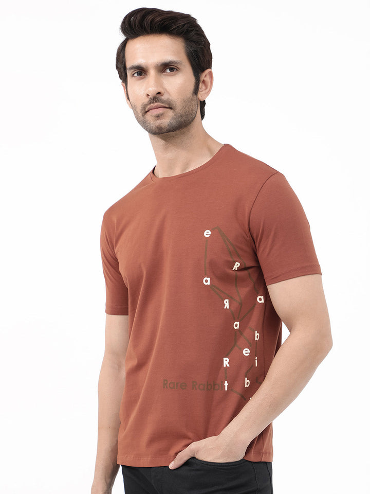 Rare Rabbit Articale Mens Magnus Dusky Rust Cotton Polyester Fabric Short Sleeve Crew Neck Slim Fit Printed T-Shirt