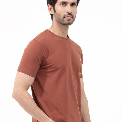 Rare Rabbit Articale Mens Magnus Dusky Rust Cotton Polyester Fabric Short Sleeve Crew Neck Slim Fit Printed T-Shirt