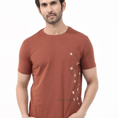 Rare Rabbit Articale Mens Magnus Dusky Rust Cotton Polyester Fabric Short Sleeve Crew Neck Slim Fit Printed T-Shirt