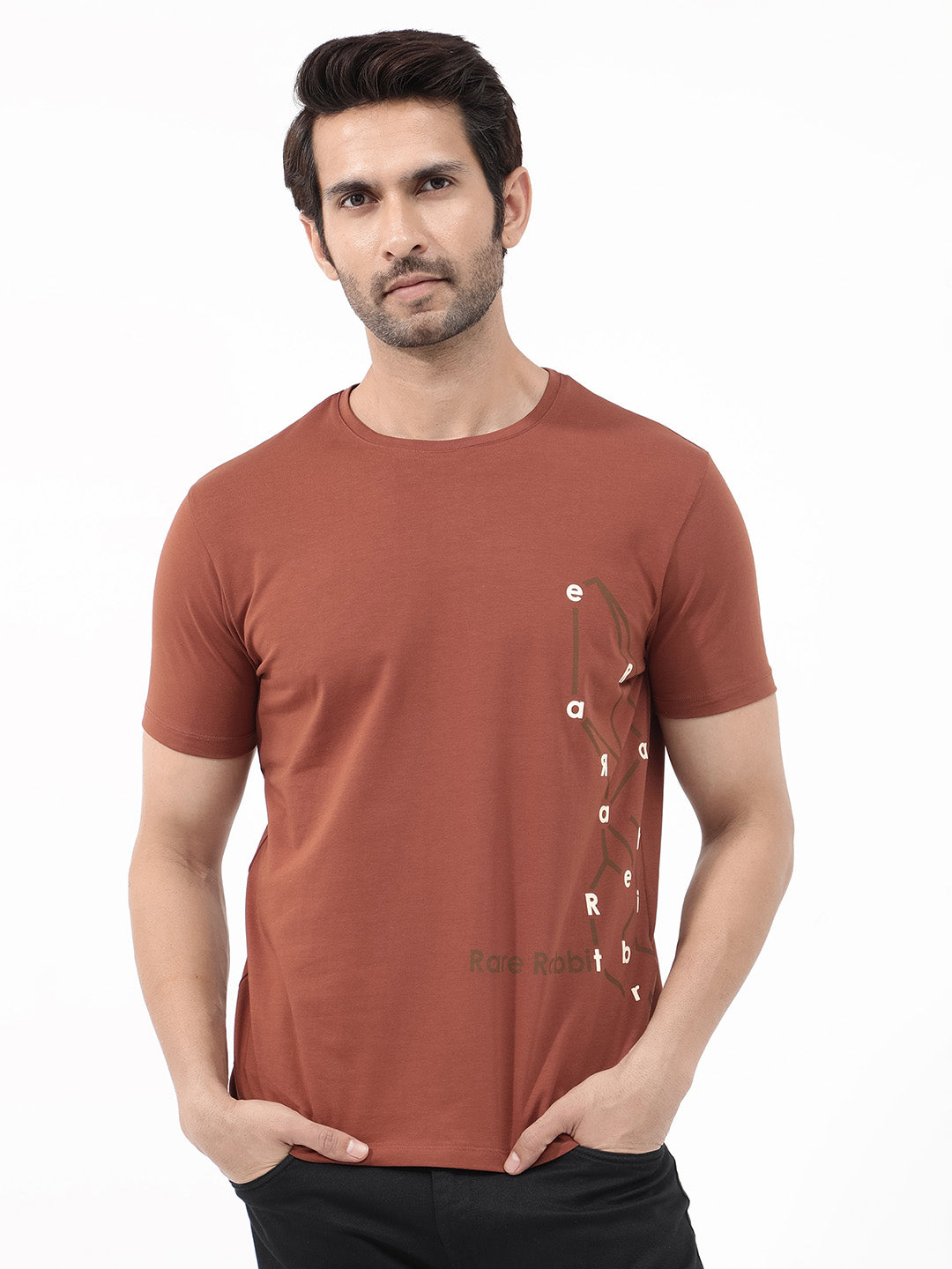 Rare Rabbit Articale Mens Magnus Dusky Rust Cotton Polyester Fabric Short Sleeve Crew Neck Slim Fit Printed T-Shirt