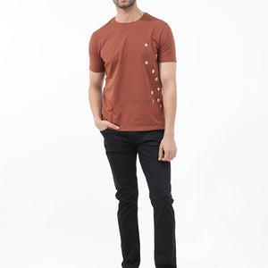 Rare Rabbit Articale Mens Magnus Dusky Rust Cotton Polyester Fabric Short Sleeve Crew Neck Slim Fit Printed T-Shirt
