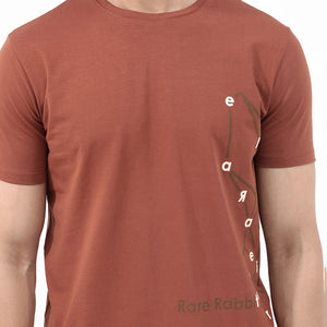 Rare Rabbit Articale Mens Magnus Dusky Rust Cotton Polyester Fabric Short Sleeve Crew Neck Slim Fit Printed T-Shirt