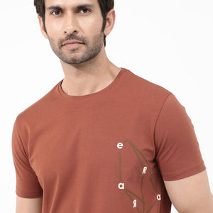 Rare Rabbit Articale Mens Magnus Dusky Rust Cotton Polyester Fabric Short Sleeve Crew Neck Slim Fit Printed T-Shirt